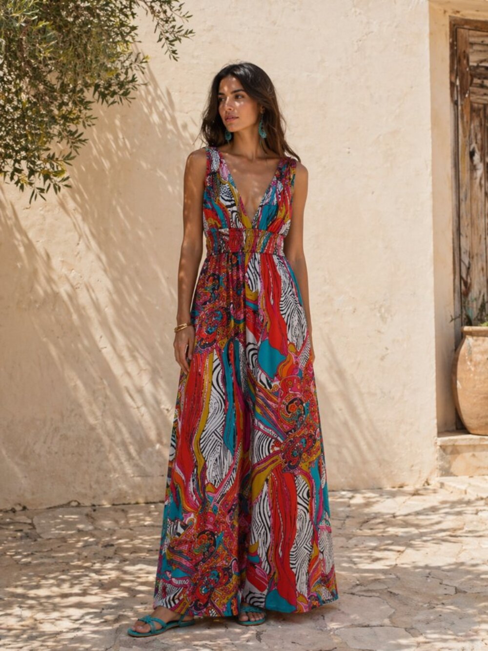 Fire Los Angeles Bohemian Multi-Color V-Neck Maxi Dress Small